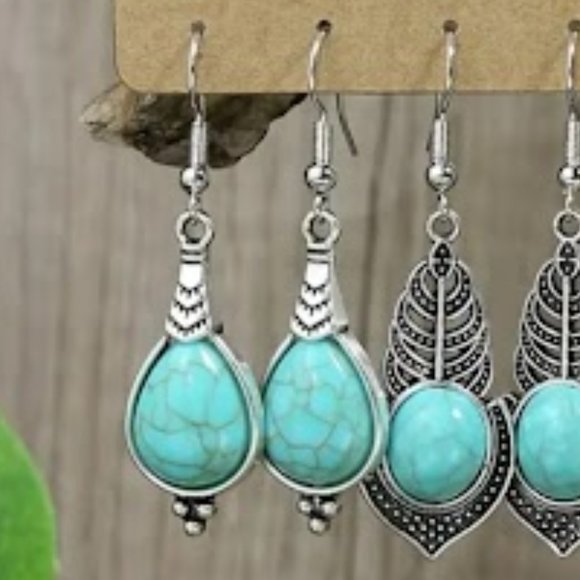 Set of 3 Geometric Silver Pendant Earrings with 925 Silver Hooks - Picture 2 of 4